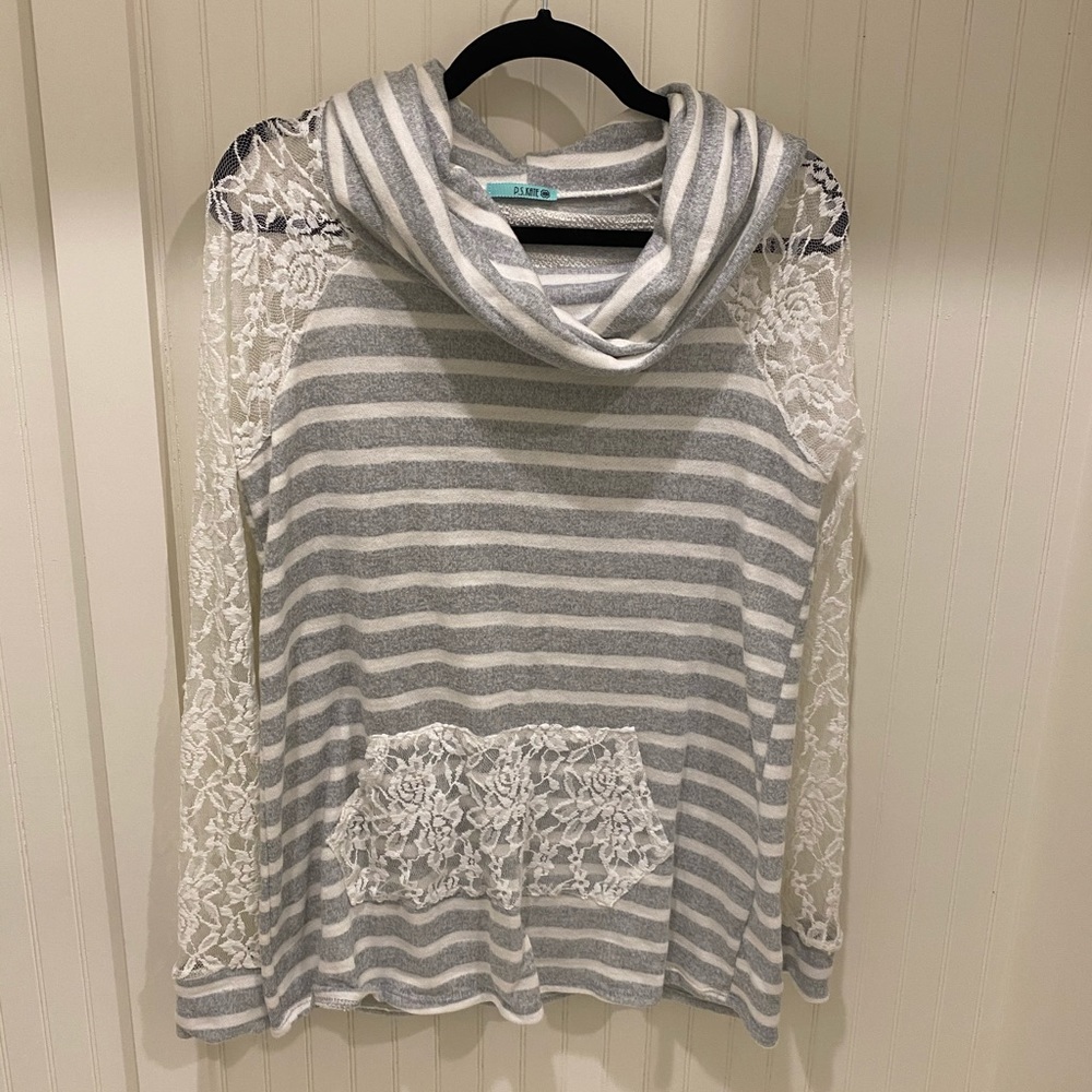 Cowl neck sweater with lace sleeves
